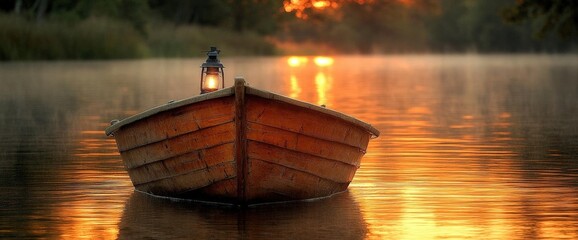 Canvas Print - Wooden Boat On Calm Water At Golden Sunrise