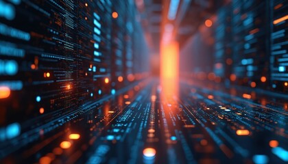 Poster - Abstract tech background with depth of field. Three-dimensional dots, digital data perspective, system code for fast communication. Artificial intelligence neural net processing big datum flow.