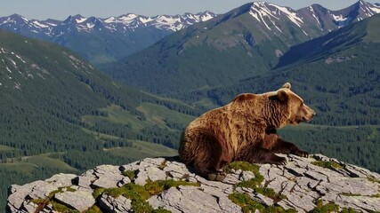 Poster - Grizzly bear resting on rocky ledge with mountain landscape, natural wildlife photography concept