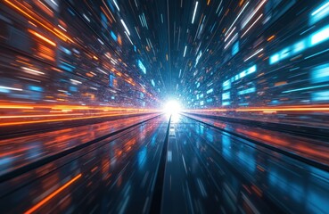 Poster - Glitch art illustration shows abstract colorful city background with light trails in cyberspace. Digital tech fractal wallpaper with geometric pattern and datum perspective shows motion.