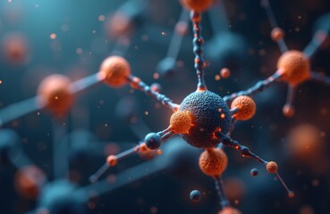 Poster - Abstract close-up of molecule with orange atoms on dark blue background with bokeh. 3D rendering of molecular structure for scientific, medical, tech visualizations.
