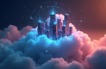 Poster - Illustration of smart city skyline above clouds with glowing network connections. Concept of cloud computing, wireless internet, mobile communication, data storage and AI.