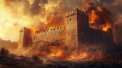 Wall Mural - Epic battle erupts at fiery castle siege medieval setting digital art dramatic atmosphere dynamic perspective