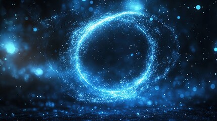 Poster - Dynamic blue particle circle digital space abstract art dark background 3d perspective visual concept