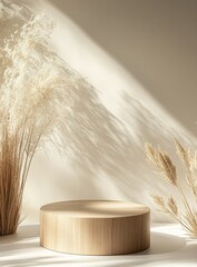 Poster - Wooden display, sunlit studio, pampas grass, product mockup