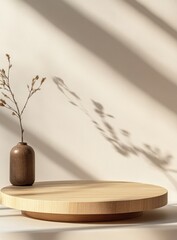 Aufkleber - Wooden platform, vase, sunlight, minimalist backdrop, product display