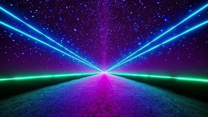 Poster - futuristic neon landscape with laser beams and starry sky, digital art and cyberpunk aesthetics concept