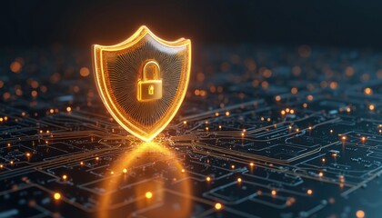Poster - Golden shield with padlock on circuit board. Data security concept for online business safety, protection, secure financial transactions. Digital safety net, computer system access, network protect.