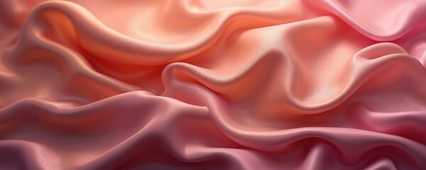Poster - Illustration of gold, pink gradient silk fabric texture. Wavy design with smooth satin textile. Soft bright flowing material in orange, red colors. Luxury decorative modern drapery elegant graphic