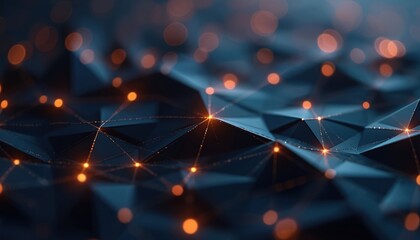 Poster - Illustration of dark blue low polygon with rose gold geometric triangular polygonal shapes. Abstract mosaic background. Generative AI art with rendering detail, clean creative decorative style.