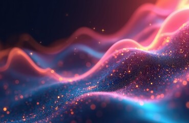 Poster - Abstract futuristic glowing background with fluid waves, techno sound shapes. Gold, pink, blue neon light wallpaper. Data transfer concept, fantastic modern design, shimmering sparkle.