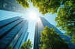 © Viktor - Modern eco building with sustainable glass facade, trees for carbon dioxide reduction. Green office construction with eco-friendly design. Corporate building reduces CO2 emissions. Tall futuristic