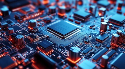 Poster - A factory producing electronic devices with circuit boards neatly arranged on production tables.