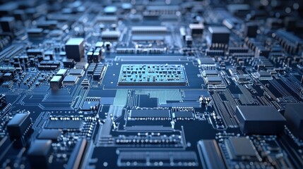 Poster - A factory producing electronic devices with circuit boards neatly arranged on production tables.