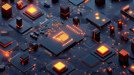 Poster - A factory producing electronic devices with circuit boards neatly arranged on production tables.