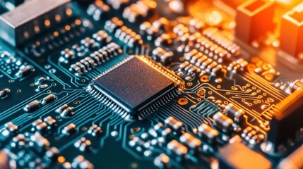 Poster - A factory producing electronic devices with circuit boards neatly arranged on production tables.