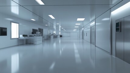 Poster - A futuristic cleanroom factory with white floors and AI-monitored production lines.