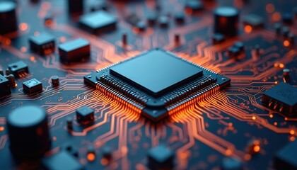 Fototapete - Computing processor, electronic circuit board illustration. Computer digital dark blue background. CPU microchip tech, modern ai. Innovation connection cyberspace integrated hardware concept, science