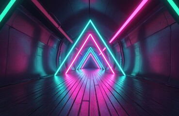 Poster - Vibrant neon laser triangle tunnel in purple, green, blue colors. Futuristic interior with geometric shape, floor perspective, laser beams, virtual reality, dark walls.