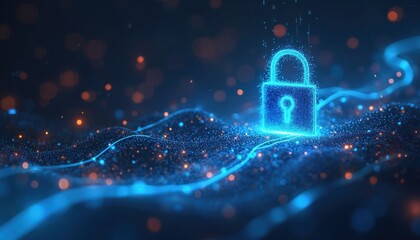Poster - Digital data privacy illustration featuring glowing neon blue padlock over dark background. Cybersecurity safety graphic for virtual online encryption, secure personal sensitive security measures in