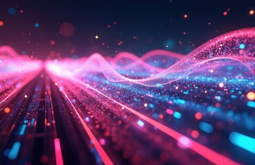 Poster - Abstract futuristic glowing neon lines with bokeh lights. Pink, blue high speed motion, data transfer concept. Fantastic wallpaper, modern technology, dynamic energy, cyber space science theme.