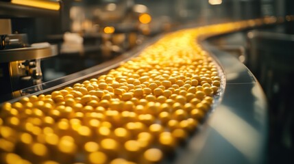 Poster - A pharmaceutical pill production line with automated machines pressing and packaging tablets.