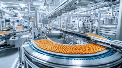 Poster - A pharmaceutical pill production line with automated machines pressing and packaging tablets.