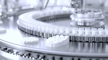 Poster - A pharmaceutical production line with sterile equipment and precision drug packaging machines.