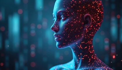 Poster - Digital face profile with glowing red dots on blue background. Futuristic illustration of human head, artificial intelligence, machine learning, data visualisation, tech abstract design.