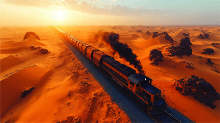 Canvas Print - Stunning Vector Art of Cargo Train Journeying Through Majestic Desert Landscape at Sunrise, Smoky Locomotive, Rolling Sand Dunes, Vivid Sky Horizon