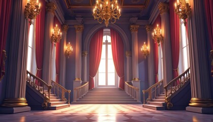 Illustration of medieval banquet room with columns, stairways, curtained windows, chandeliers. Interior of castle hall in baroque style for princess, king fairy tales or wedding backgrounds.