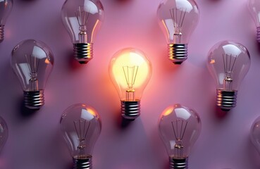 Poster - Glowing light bulb surrounded by unlit lamps on purple background. Symbolizes idea, creativity, inspiration, innovation. Electric light power concept in trendy colors, seamless pattern.