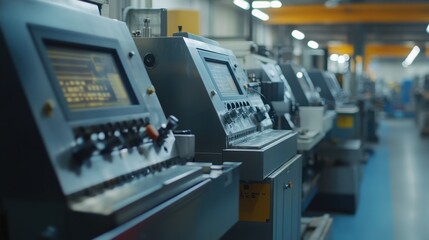 Poster - A row of CNC milling machines working simultaneously in an industrial facility.