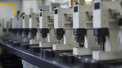 Poster - A row of CNC milling machines working simultaneously in an industrial facility.