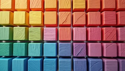 Poster - Rainbow wooden 3D square cubes create textured wall. Colorful three-dimensional contemporary toy development material. Stacked square geometric shapes for children game. Graphic surface wallpaper