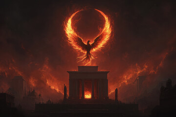 Wall Mural - A fiery bird is perched on top of a building, surrounded by flames