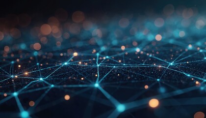 Poster - Illustration of grid surface with glowing particles, lines. Abstract science, tech background. Digital visualization of big data. Futuristic illustration for tech presentation, science brochure cover.