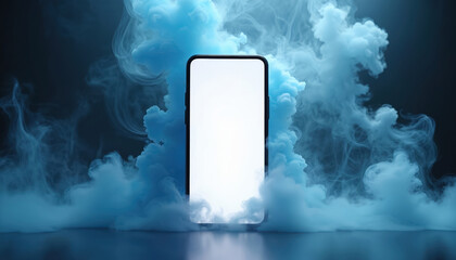 Poster - Smartphone with blank white screen surrounded by blue smoke. Mobile phone mockup display for responsive app design, advertising. Modern wireless technology electronic device with empty screen ad