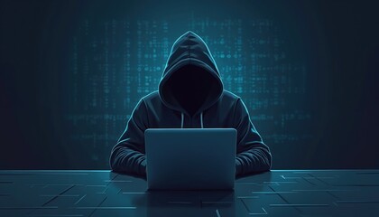 Poster - Illustration of hacker sitting at laptop on dark background. Man in hood stealing data. Concept of cybercrime and cybersecurity. Technology design for banner.