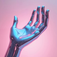 Aufkleber - Holographic chrome hand illustration. Metallic gradient. Futuristic design concept. Glossy iridescent liquid effect on pink background. Artificial cybernetic limb. Sci-fi arm sculpture.