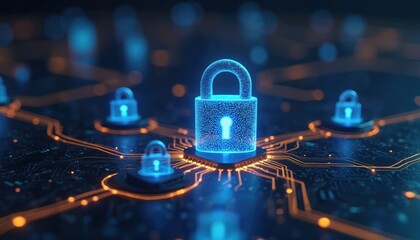 Poster - Encryption symbols digital locks secure data. Blue cyber shield against dark web backdrop protect system. Padlock symbolizes technology and network safety online.