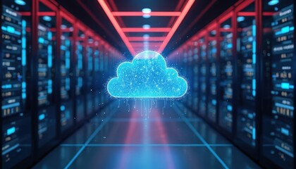 Poster - Modern server room with neon light features cloud data storage. Futuristic data center interior includes network racks, digital hardware for cyberspace security.
