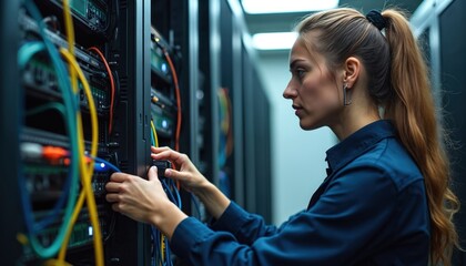 Poster - Woman engineer connects cable to server hardware in data center. IT technician performs networking maintenance, system administrator checks hardware. Data safety, cybersecurity concept.
