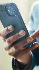 Poster - Business person, hands and scroll with phone for social media, communication and app. Contact, chat and internet with smartphone for email, online conversation and networking with message at work