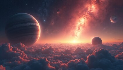 Wall Mural - panoramic space illustration with planets and nebula. fantasy cosmic scenery with light glow and clo
