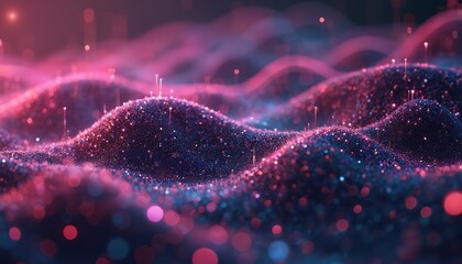 Poster - Abstract big data visualization background. Information analytics with glowing streams, ball arrays. Futuristic technology backdrop for machine learning, digital transformation, AI, cloud computing