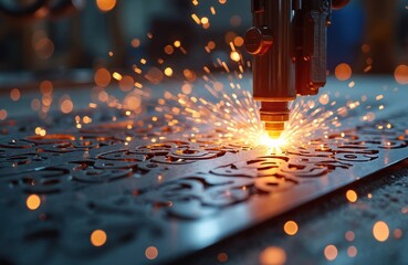Poster - Plasma cutter slices steel at metal fabrication plant, state-of-the-art tech. Generative AI illustration of sparks and laser beam cutting precise shapes. Automated industrial metallurgy.