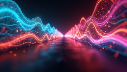 Poster - Abstract neon digital lines illustration in dark cyberspace. Glowing multicolored energy motion trails on black background. Concept of tech, spectrum, data, color.