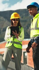 Aufkleber - tablet, contractor and teamwork with people in city for communication, hvac installation or maintena