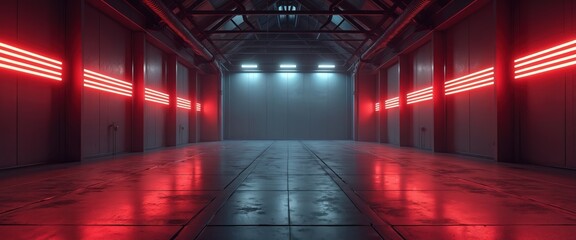 Poster - Modern garage background, futuristic hangar with red neon lighting. Minimalist design of dark industrial empty hall, panorama of hallway interior. Hall, spaceship concept, led illumination.